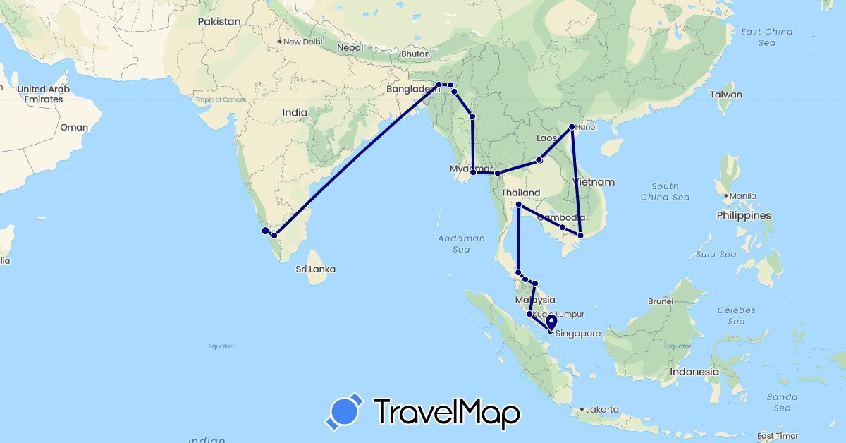 TravelMap itinerary: driving in India, Cambodia, Laos, Myanmar (Burma), Malaysia, Singapore, Thailand, Vietnam (Asia)